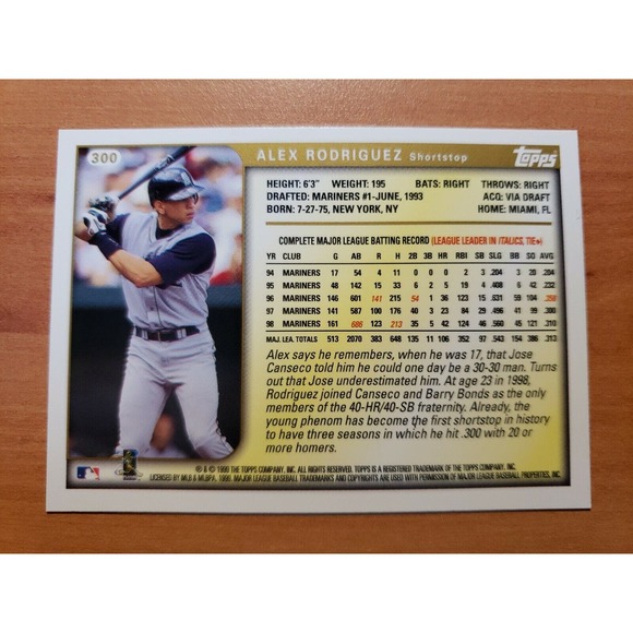 1999 Topps #300 Alex Rodriguez - Seattle Mariners - MLB - Picture 2 of 2